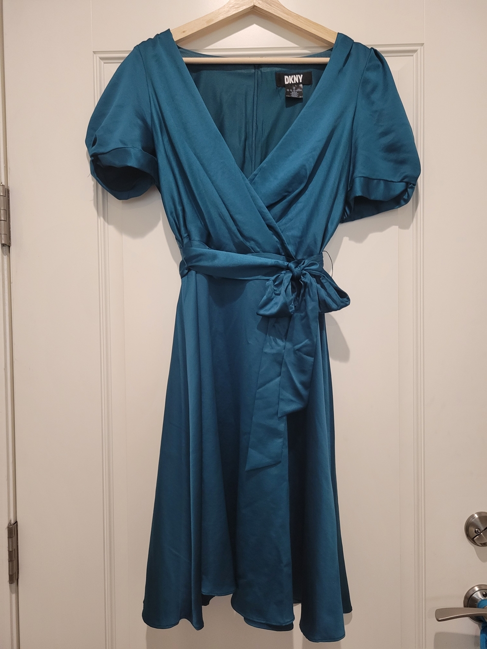 DKNY Teal Wrap Midi Dress with Puff Sleeves
